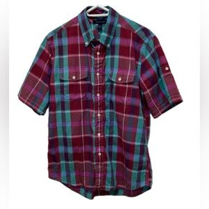 Tommy Hilfiger short sleeve button down cotton shirt, plaid, pink, green, L
